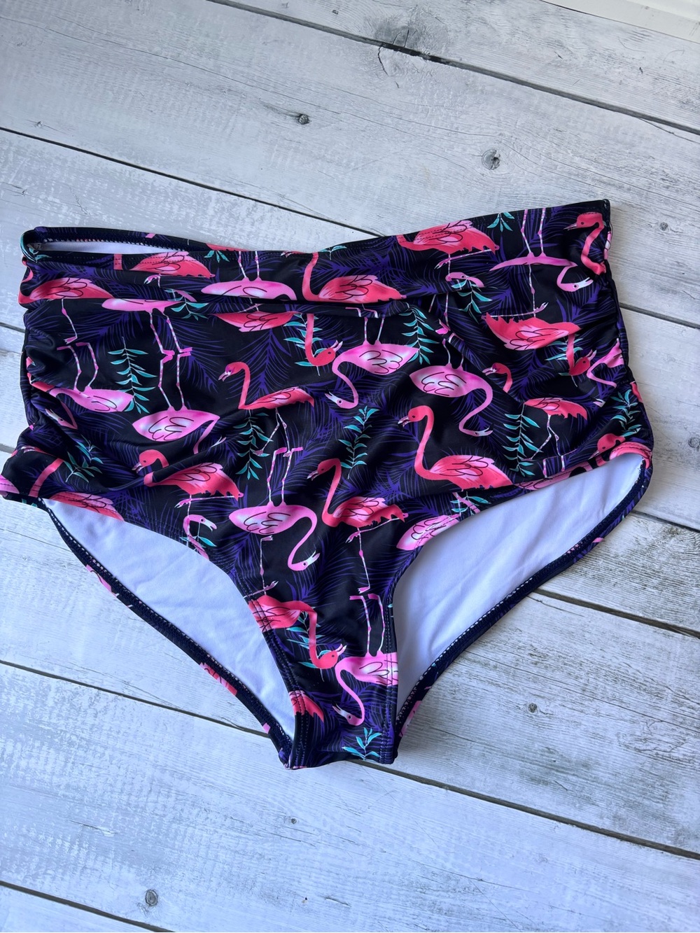 Women’s High-Waist Swim Bottoms in Pink Flamingo Print